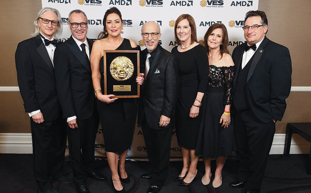 Backstage, left to right: Jeff Okun, VES; Jim Morris, VES, Pixar President; Lynwen Brennan, Executive Vice President and General Manager of Lucasfilm; VES Executive Director Eric Roth; Lucasfilm President Kathleen Kennedy; VES Board Chair Lisa Cooke; and former VES Chair Jeff Barnes.