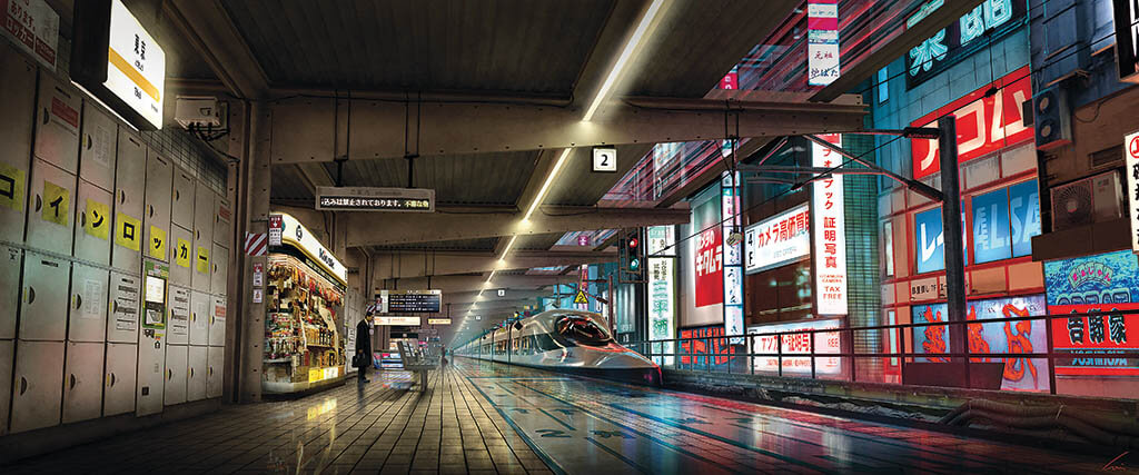 Neon signage illuminates the platform situated at Tokyo Station.