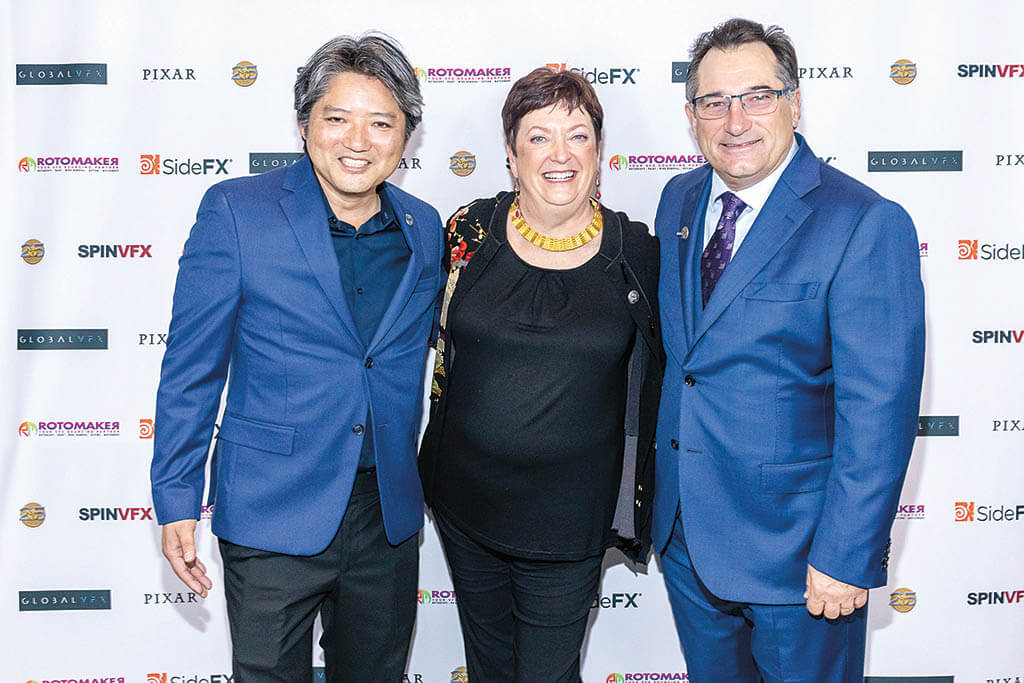 Lifetime Member and new VES Fellow David Tanaka, VES and Lifetime Member Jeff Barnes flank Pam Hogarth, Founders Awards recipient and Lifetime Member.