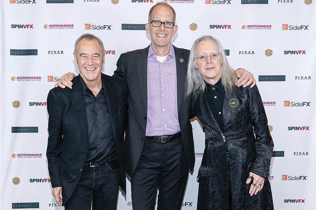 VES Honorary Member Pete Docter (center) celebrates with Pixar Animation President Jim Morris, VES and new VES Fellow Rick Sayre, VES.