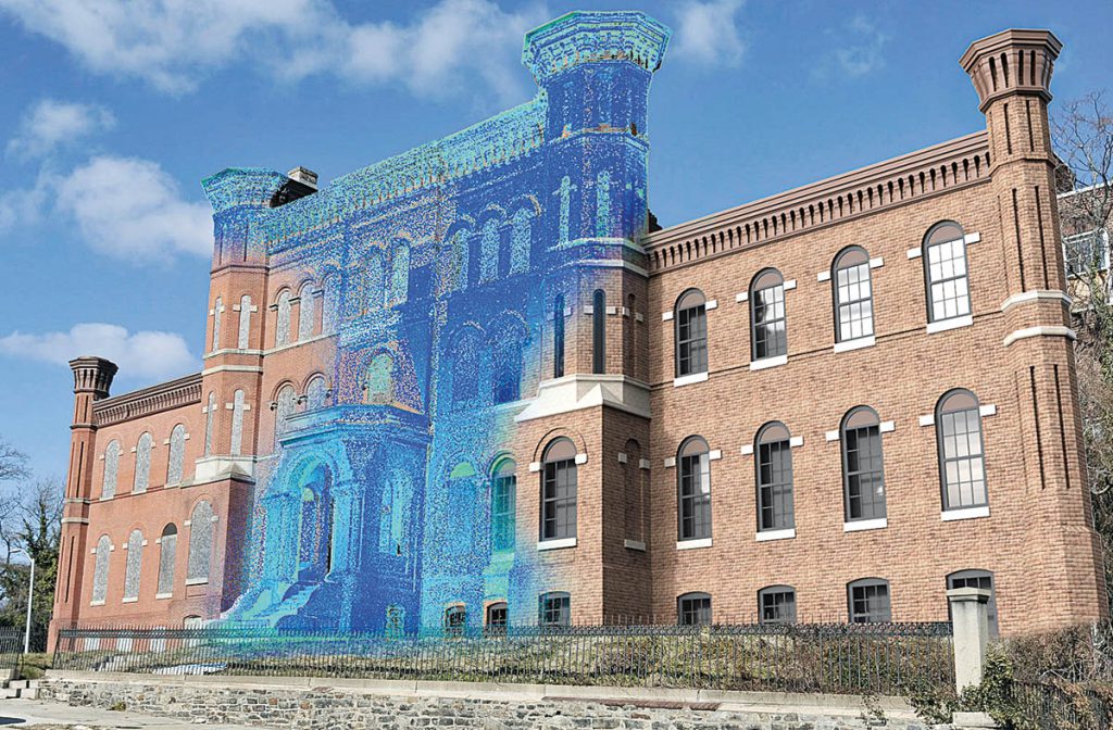 Image showing the three phases of a typical LiDAR scanning project. The left shows the original condition of the facility. The center shows the point cloud data of the LiDAR scan indicating the intensity of the laser return. The right shows the 3D visualization of the redesigned facility after renovations. (Image courtesy of Direct Dimensions)