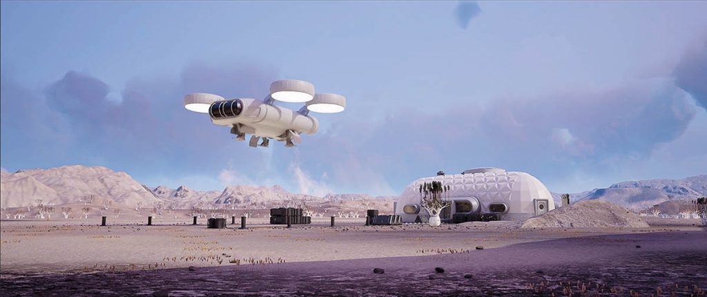 The prop department built a full-scale drone, which was influenced by a Dyson Airblade.(Image courtesy of Sean Faden and Apple TV+) 