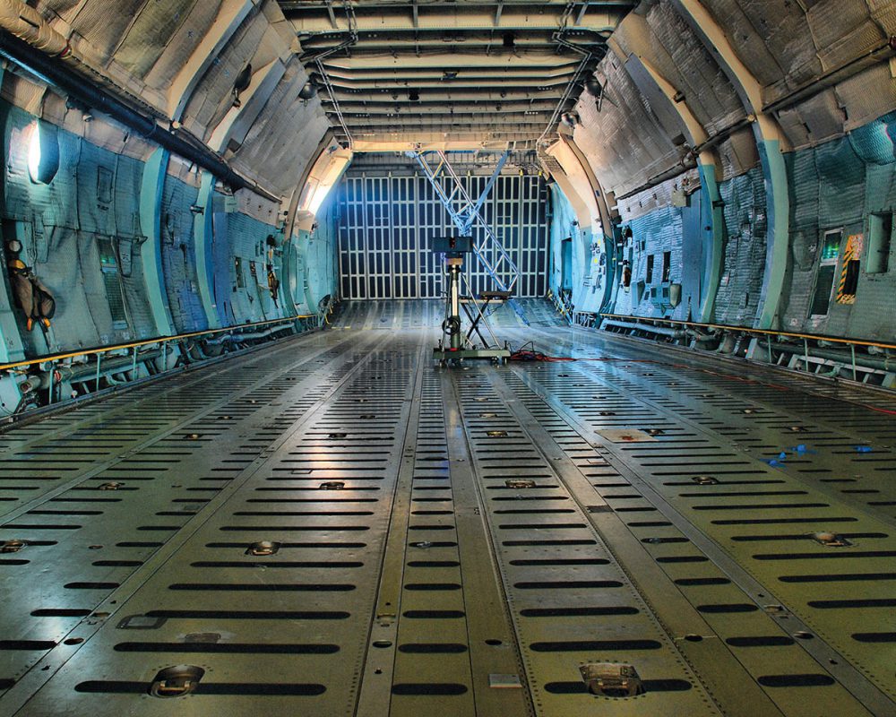 LiDAR scanning of the inside of the fuselage of a C-5 military transport aircraft to create an accurate 3D model of the interior structure for loading optimization analysis. (Image courtesy of Direct Dimensions)