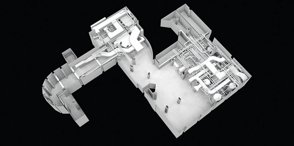 Rendering of a 3D CAD model developed from the LiDAR scan of life safety systems under one of the large marine tanks at the National Aquarium in Baltimore, Maryland, needed for the design of critical renovations.(Image courtesy of Direct Dimensions) 