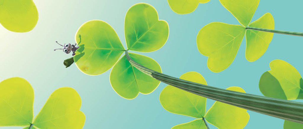 Leaves served as a scale cue and contributed to drama inA Bug’s Life when Flik is situated on top of a plant looking down. (Image courtesy of Pixar) 