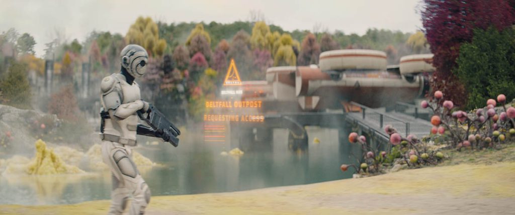 To reflect Murderbot’s point of view, computer graphics were incorporated into the frame with colors like orange highlighting the important information.