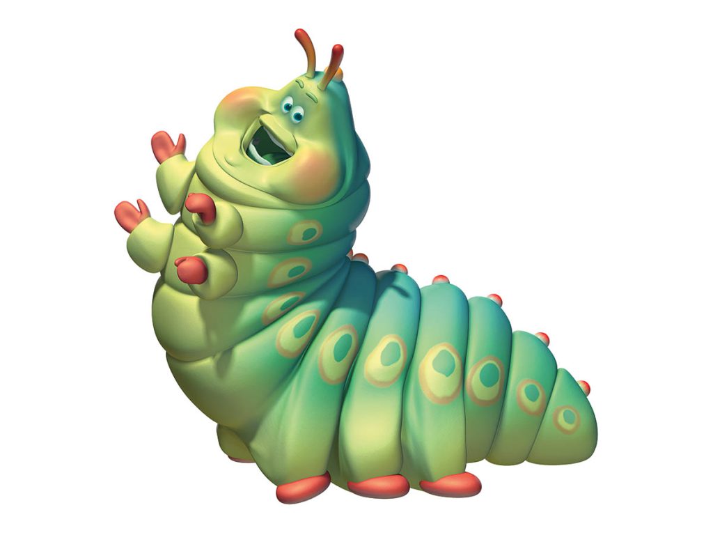 Heimlich is an obese lime caterpillar who dreams of becoming a beautiful butterfly in A Bug’s Life. (Image courtesy of Pixar)