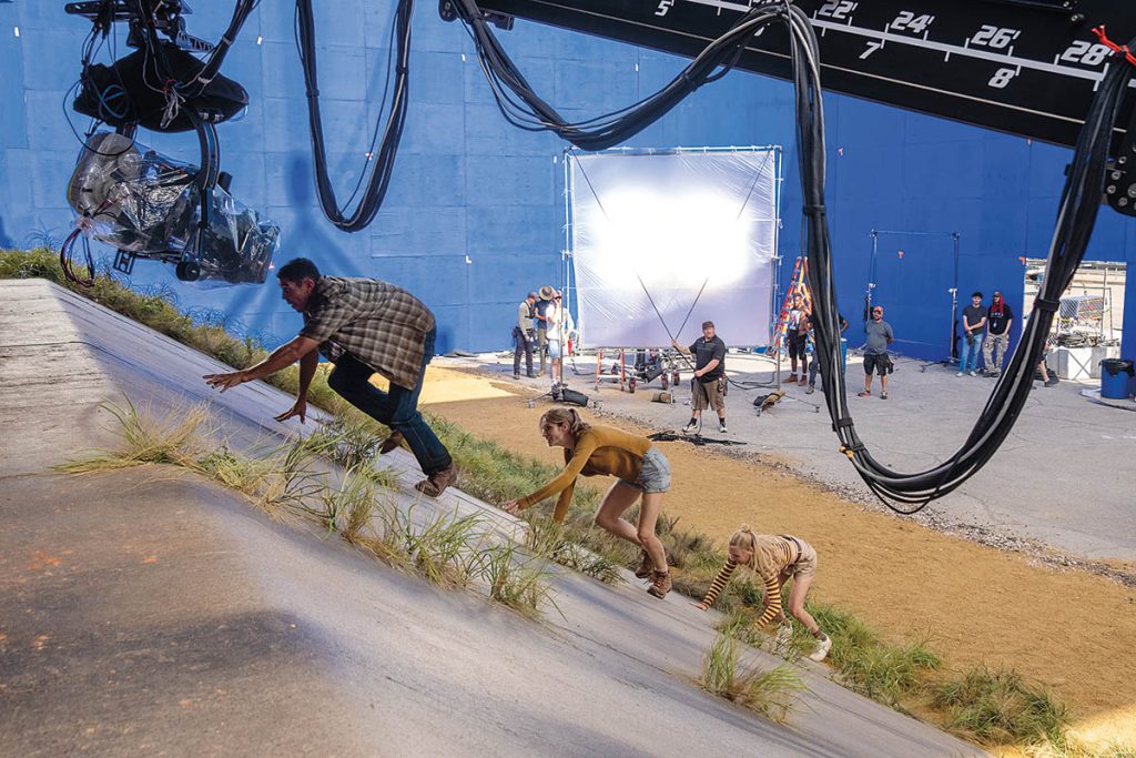 Bluescreen and stunt doubles on Twisters. (Image courtesy of Universal Pictures)