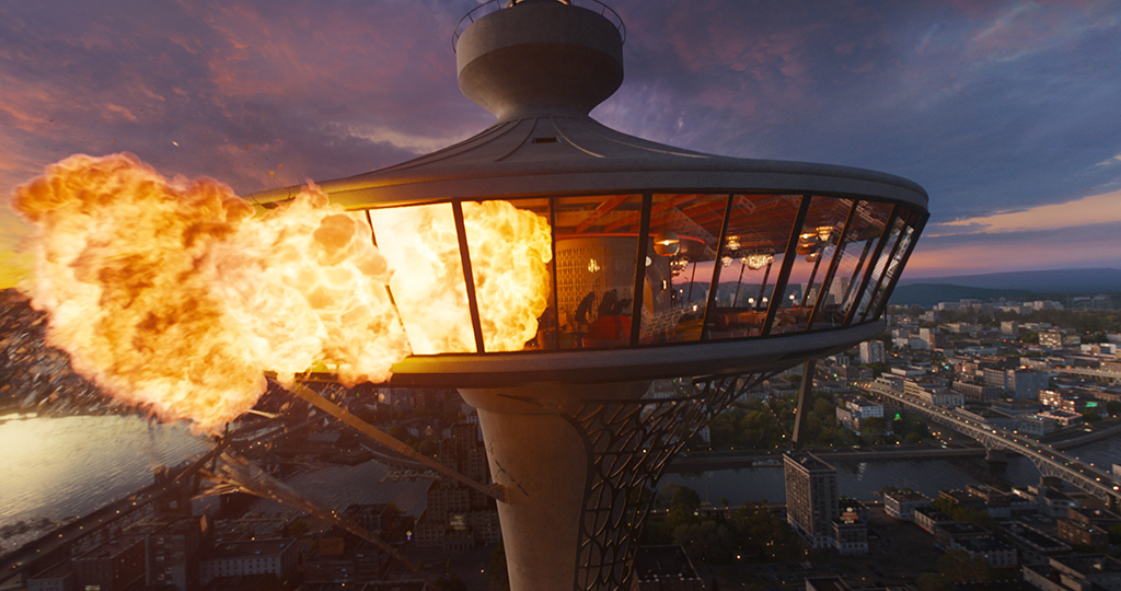 The film opens with an elaborate, large-scale set piece involving the 400-foot-high Skyview Tower restaurant – and its collapse. Drone footage was digitized to create a 3D asset for the LED wall so the time of day could be changed as needed. 