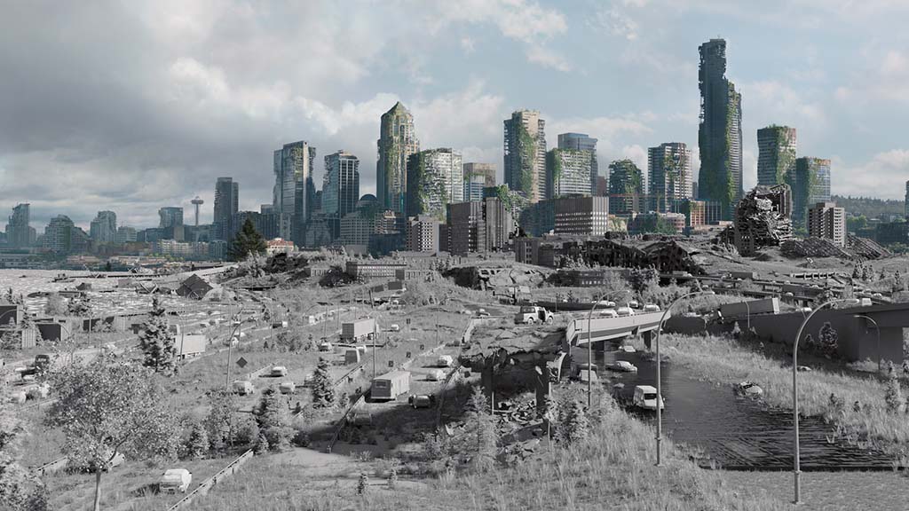 A number of different techniques were utilized to build Seattle, from set extension and augmentation to digital matte painting and full CG environments. 