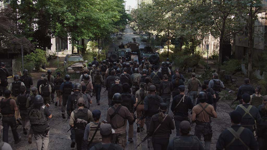 DNEG's asset team created nine unique WLF (Washington Liberation Front) soldier digi-doubles based on 3D scans of the actors, then blended them in seamlessly with the actors.