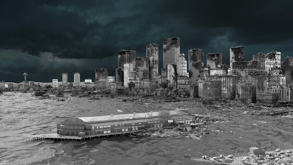 To deliver a realistic storm and match plate photography, DNEG Environments added layers of depth to each shot, including secondary details such as wind gusts, rain curtains, ripples and splashes on the water surface.
