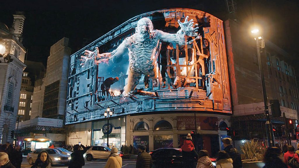 Rodeo FX crafted 3D billboards in Times Square and Piccadilly Circus to advertise the survival-horror video game The Callisto Protocol. (Image courtesy of Rodeo FX and Striking Distance Studios)