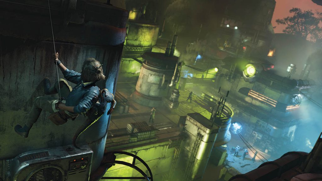 Kay Vess rappels down the side of a building in Toshara.