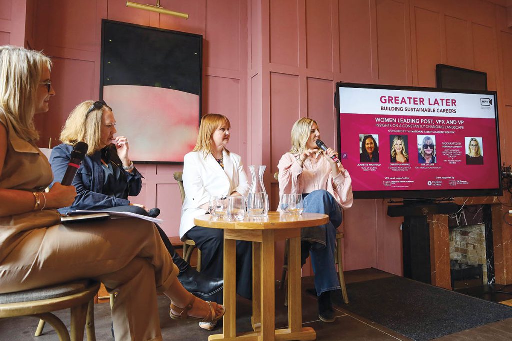 A Women in Film & TV Ireland panel discussion on building sustainable careers took place in in Dublin in May, featuring Deborah Doherty of Elephant Goldfish; Dee Collier, post-production specialist; Christina Nowak, Founder of New Chapter Production Ltd. & virtual production innovator; and Jeanette Manifold, Head of Studio for Crafty Apes (Australia). (Photo: Doreen Kennedy. Courtesy of WTF Ireland))