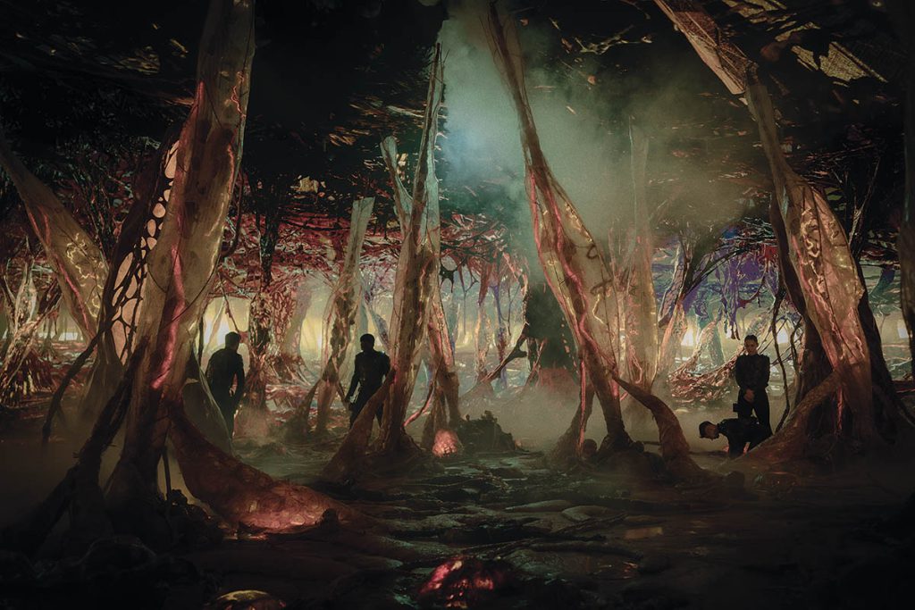 Virtual production was utilized to expand the scope of the practical sets constructed for the Gorn hive environment.