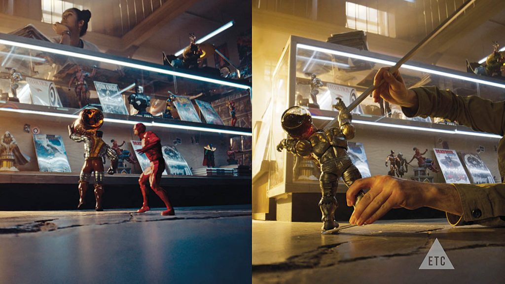 The Electric Theatre ad, uniting 2D and 3D animation with live-action in a comic-book shop, won VES awards given in 2025 for Outstanding VFX in a Commercial and OutstandingLighting and Compositing in a Commercial. (Image courtesy of Coca-Cola and Marvel) 