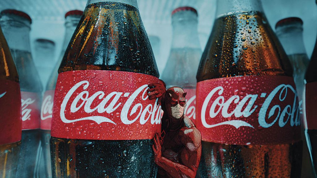 Daredevil, Colossus and other Marvel characters in the Electric Theatre Coke commercial bridged high-end visual effects and classic comic book art.(Image courtesy of Coca-Cola and Marvel Comics) 