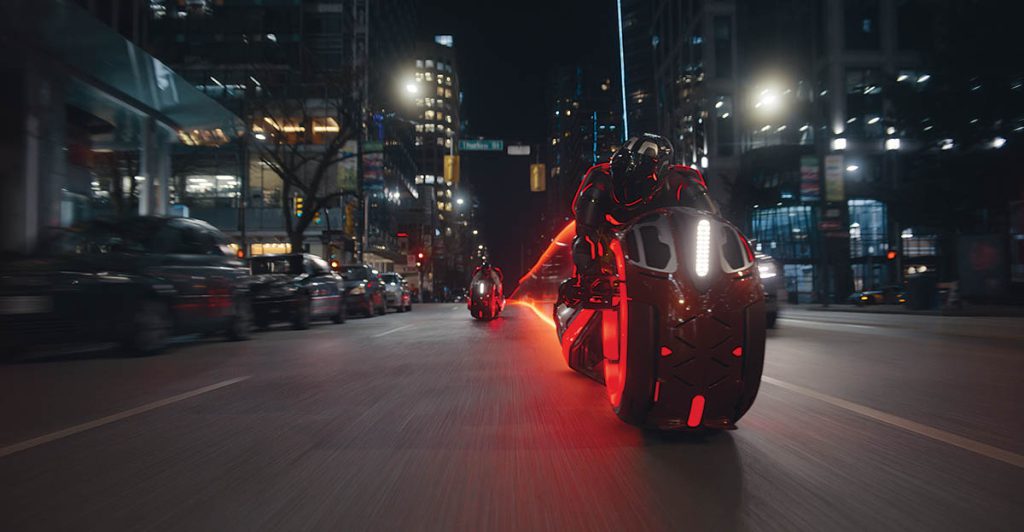 Practical Light Cycles were built with LED light strips, which allowed for scenes in the real world to have the proper reflections and refractions.