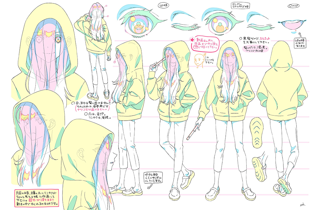 Key attributes of Natsuko Hirose are her hoodie, long black hair and big blue eyes.