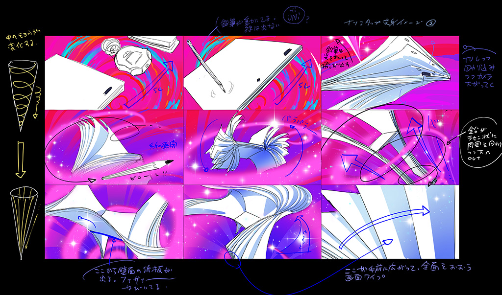 Determining the directionality and shot design of a stopwatch, animation paper and drawing pencil swirling around in a fanciful manner.