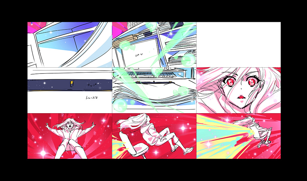 A chair appears that propels Natsuko Hirose towards a desk where all of the required tools to animate are culminating. 
