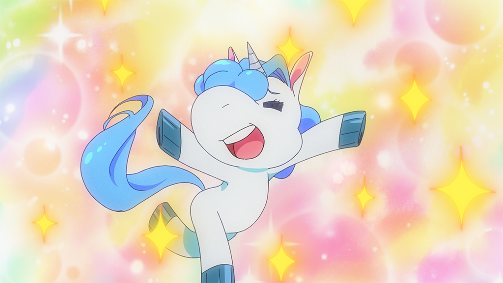 Key animation sketch of the unicorn character of Unio paired with a final still, which has a stuffed toy aesthetic.