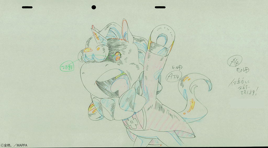 Key animation sketch of the unicorn character of Unio paired with a final still, which has a stuffed toy aesthetic.