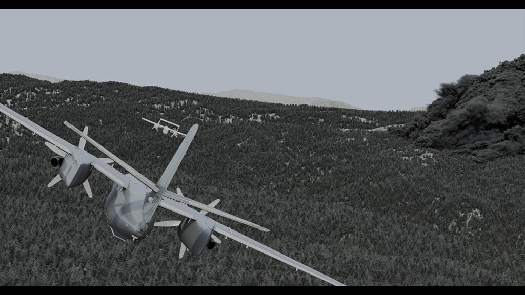 Actual forest fires derailed plans to shoot aerial plates with CAL FIRE, resulting in the environment being entirely CG.