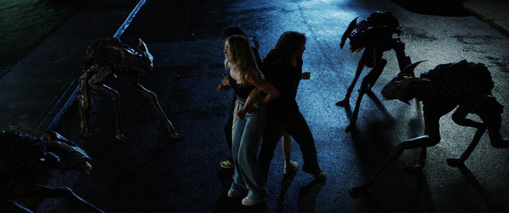 Footage was lighted to ensure there were specular hits on the black metallic liquid surface of the creatures to make them readable in dark settings. 