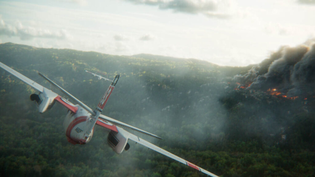 Actual forest fires derailed plans to shoot aerial plates with CAL FIRE, resulting in the environment being entirely CG.