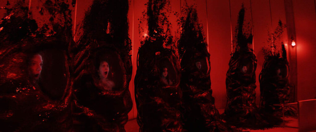 The bodies of the victims get transported into black, gooey pods. 