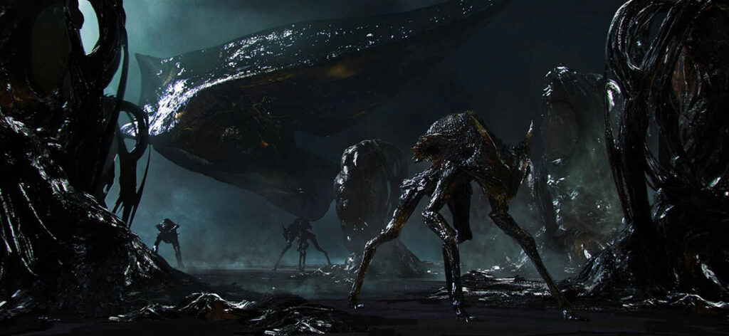 The alien spaceship is made from the same substance as the creatures.