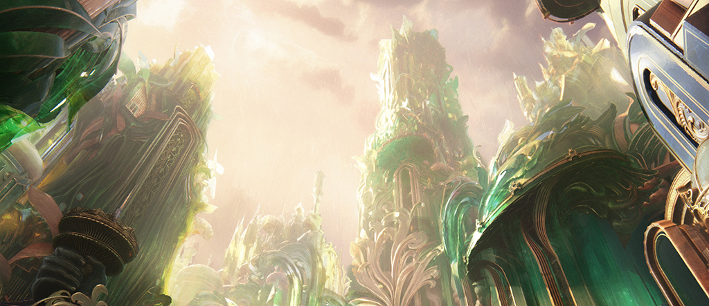 Concept art for the Emerald City with an epic view of the urban environment.