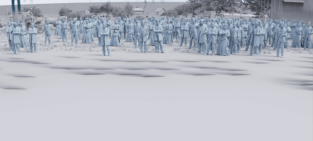 While live-action extras occupy the foreground, digital extras were added to the mid-ground and background to get the desired crowd waiting for James Garfield (Michael Shannon) at the train station.