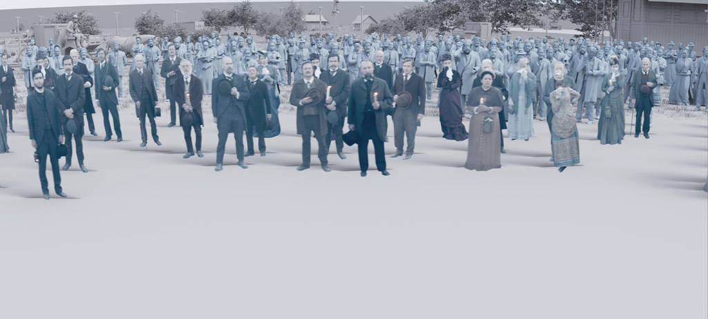 While live-action extras occupy the foreground, digital extras were added to the mid-ground and background to get the desired crowd waiting for James Garfield (Michael Shannon) at the train station.