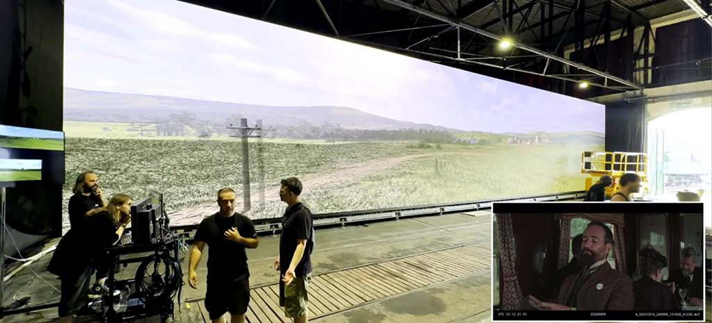 Virtual production was chosen for the interior shots of the train car because of the reflective quality of the set. 