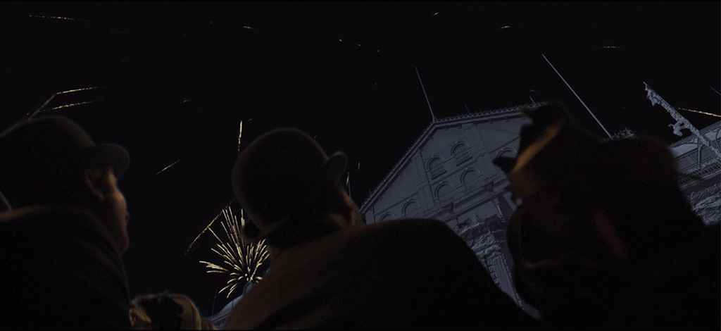 A building and fireworks were inserted digitally during post.