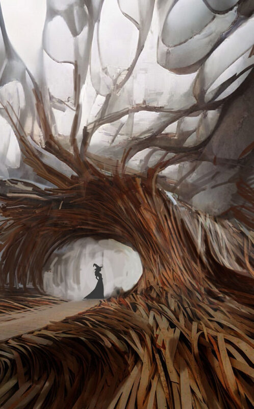 Initial sketch of the forest grotto base with a silhouette of Elphaba serving as a scale cue.