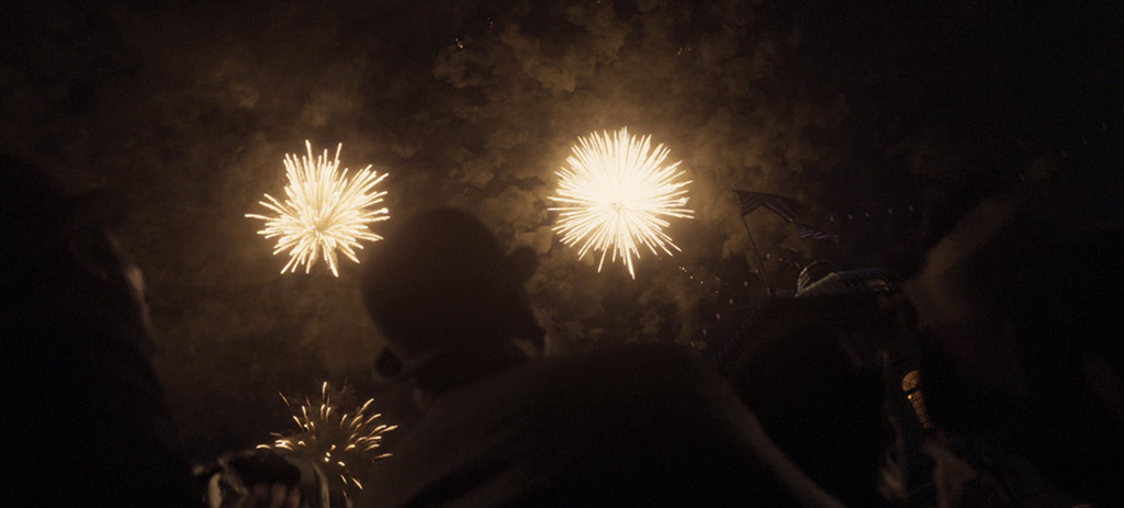 A building and fireworks were inserted digitally during post.