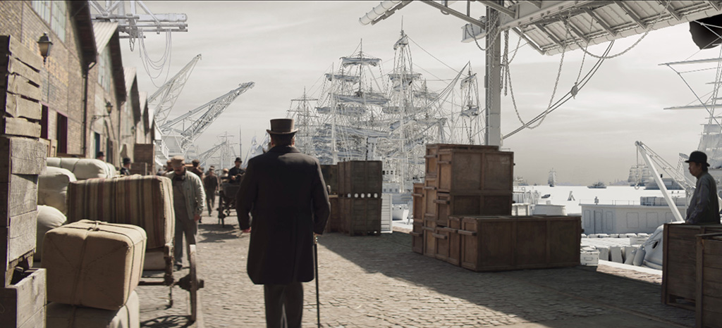 The ships at the docks were entirely a CG creation. 
