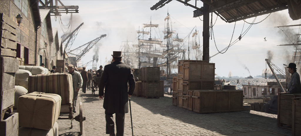 The ships at the docks were entirely a CG creation. 