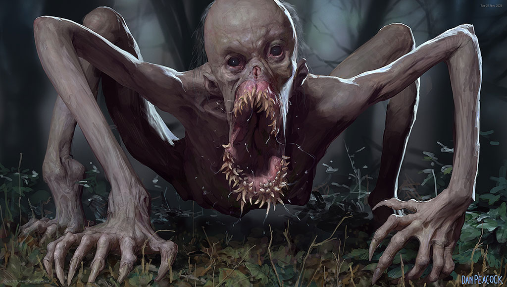 Concept art exploring the contortionist spider-look of the Skeleton Man. 