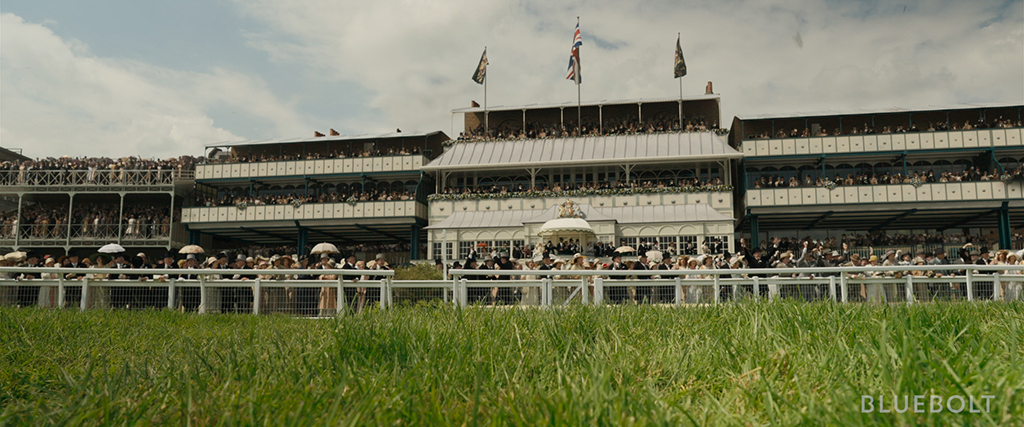 Rippon Racecourse was transformed for a scene that takes place during Royal Ascot Raceday with a CG grandstand and 2D and 3D-replicated crowds.