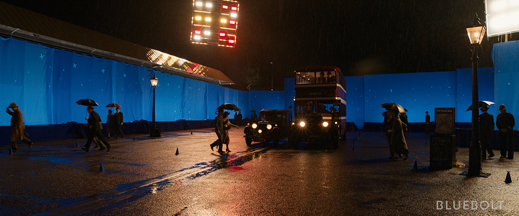 Mother Nature provided the production with a wet-down for the Picadilly Circus street set.