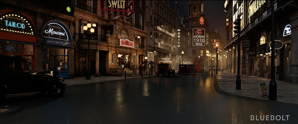 Mother Nature provided the production with a wet-down for the Picadilly Circus street set.