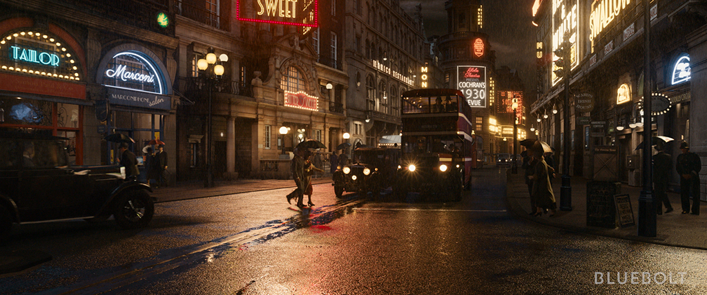 Mother Nature provided the production with a wet-down for the Picadilly Circus street set.