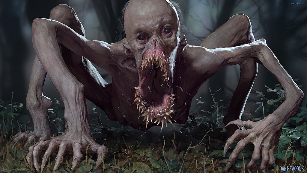 Concept art exploring the contortionist spider-look of the Skeleton Man. 