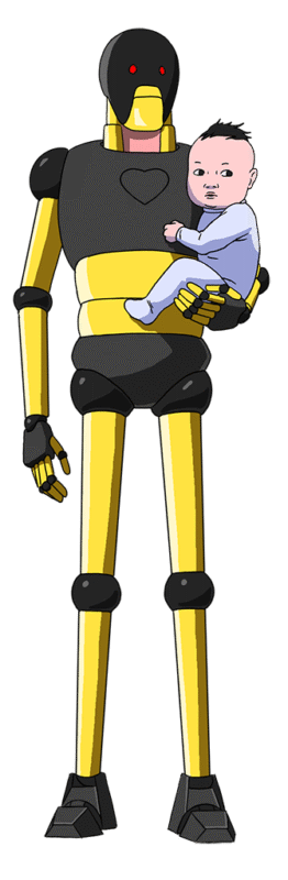 Robots take on domestic duties, with Mikki looking after Iris and her baby brother Peter.