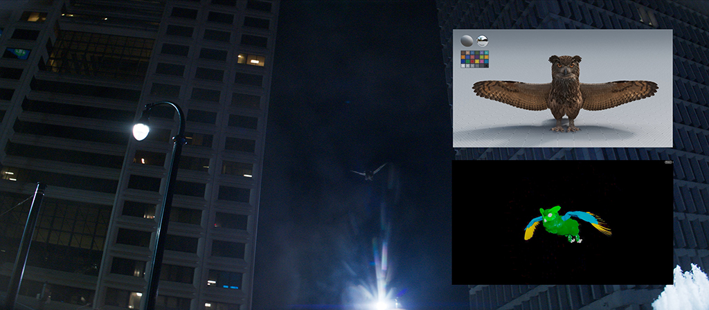 Building the owl and its feather system was technically challenging. PFX created it in Yeti, then simulated it in Houdini.